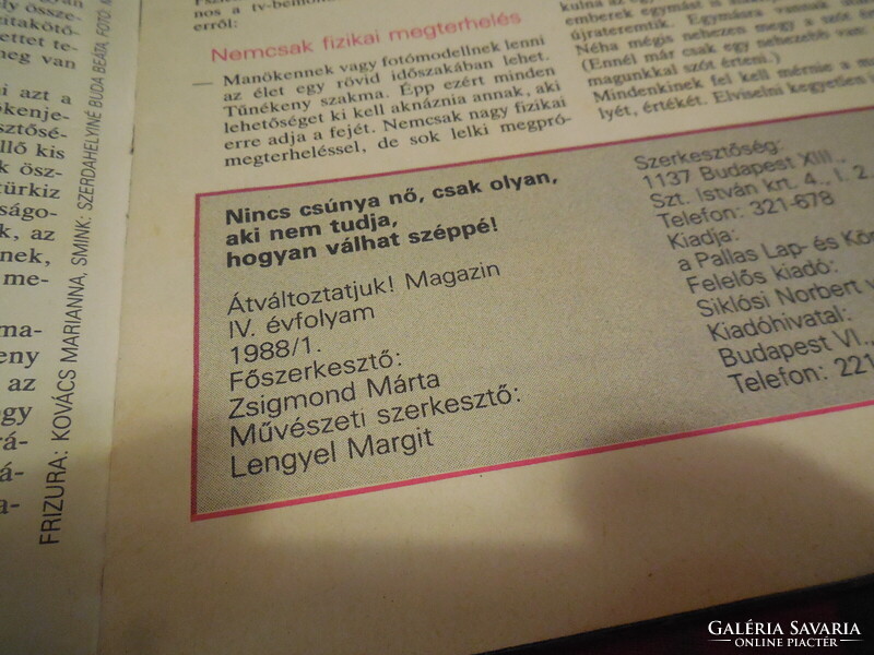 Átváltoztatjuk  !  magazin 11988 évi  1 szám  . Női divat a 80 -as évekből  60 lapon