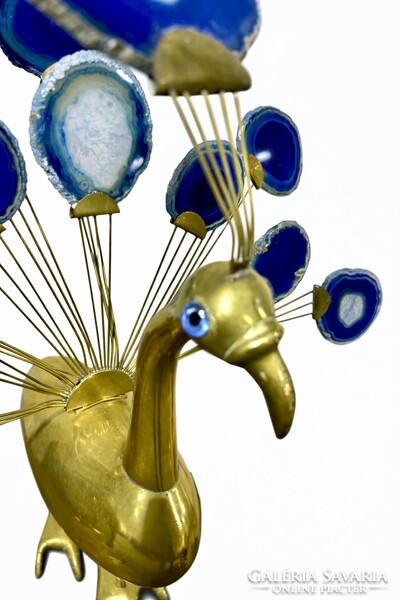 JELZETT sárgaréz páva szobor kék achát szeletekkel