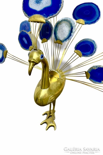 JELZETT sárgaréz páva szobor kék achát szeletekkel