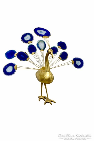 JELZETT sárgaréz páva szobor kék achát szeletekkel