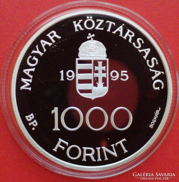 1995 évi 1.000 Forint tükörveret UNC. ECU. Integráció az Európai Unióba. 1 uncia 925% ezüst.