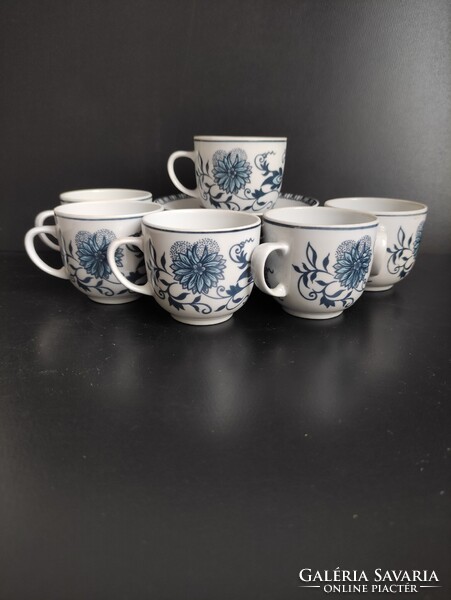Hollóházi porcelán kávés készlet kék fehér modern hagymavirág mintával