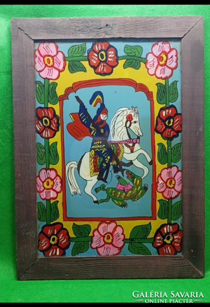 Antik erdélyi üveg ikon ,fa keretben :Sárkányölő Szent  György 19 sz vége