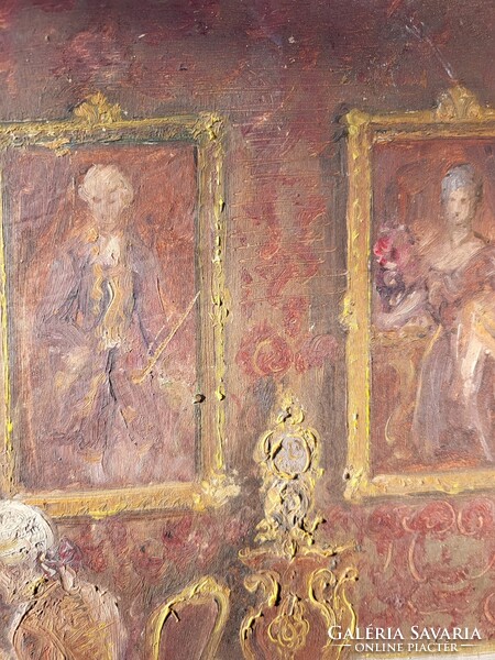 Rokokó stílusú olajfestmény – sakkjátszma jelenet, díszkeretben (45×35 cm)