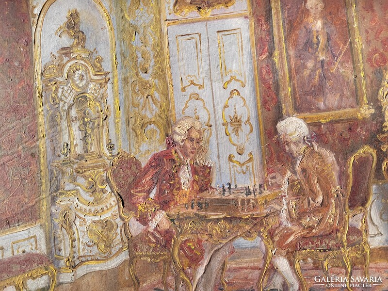 Rokokó stílusú olajfestmény – sakkjátszma jelenet, díszkeretben (45×35 cm)