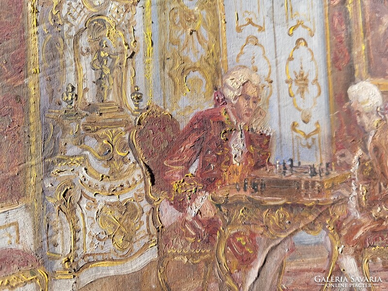 Rokokó stílusú olajfestmény – sakkjátszma jelenet, díszkeretben (45×35 cm)
