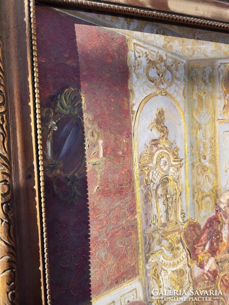 Rokokó stílusú olajfestmény – sakkjátszma jelenet, díszkeretben (45×35 cm)