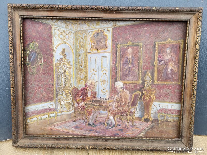 Rokokó stílusú olajfestmény – sakkjátszma jelenet, díszkeretben (45×35 cm)