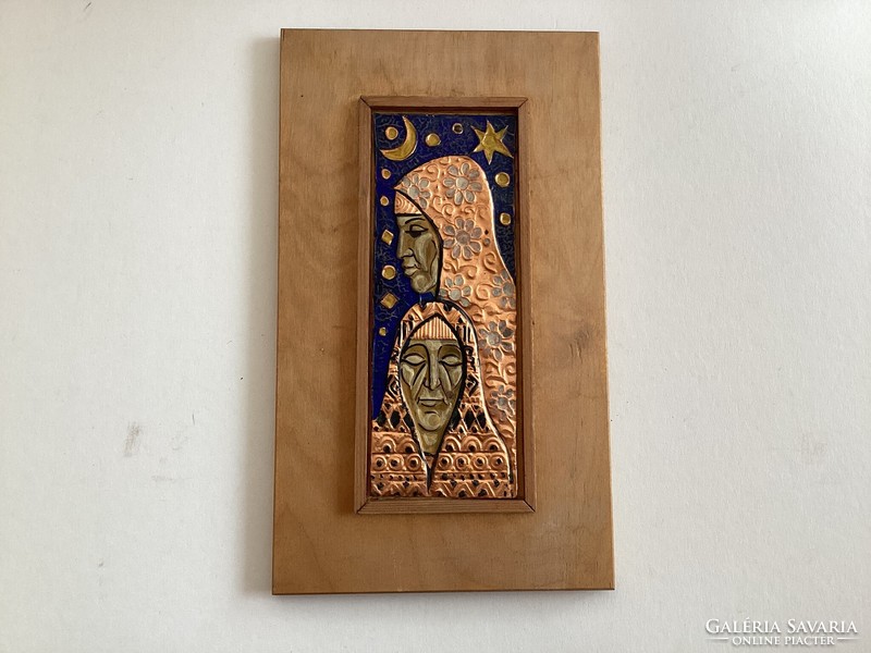 Festett zománc díszítésű réz fali kép .