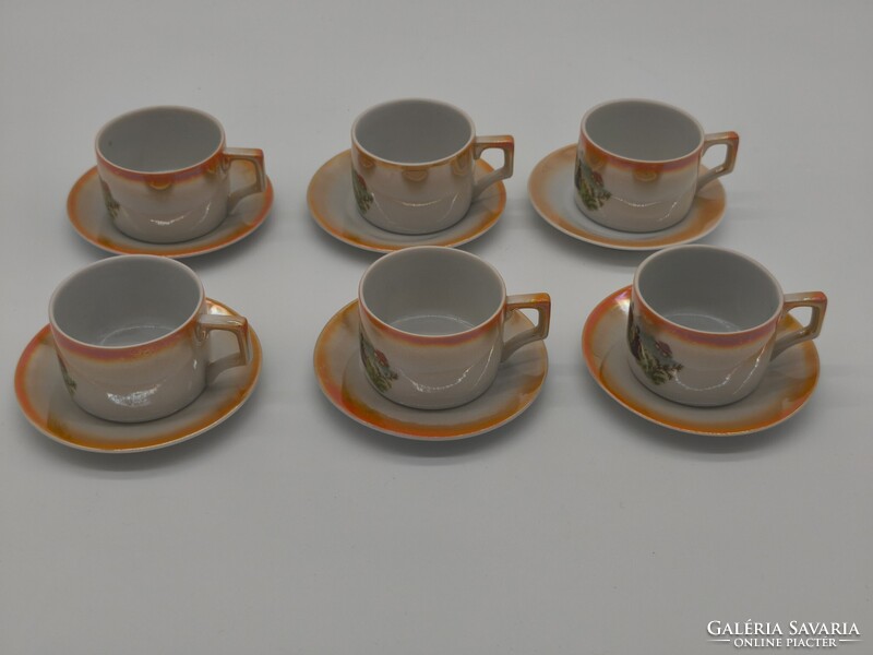 6 DB SZÉP ANTIK ZSOLNAY JAPÁN GÉSA MINTÁS,  MÁZAS KÁVÉS CSÉSZE SZETT   TP3