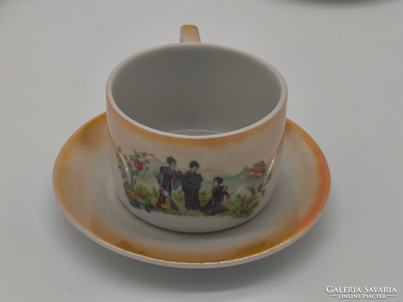 6 DB SZÉP ANTIK ZSOLNAY JAPÁN GÉSA MINTÁS,  MÁZAS KÁVÉS CSÉSZE SZETT   TP3