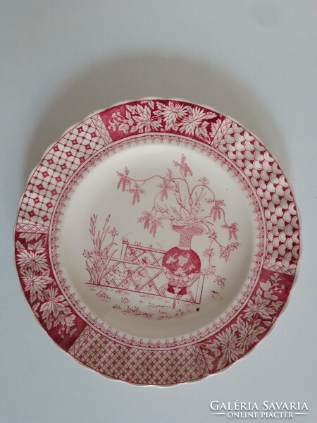 Antik régi angol fajansz kerámia tányér Copeland kínai keleti Kew minta bordó fehér 1890 19,5 cm