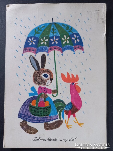 Régi  rajzos grafikus képeslap  Kellemes Húsvéti Ünnepeket! Demjén Zsuzsa