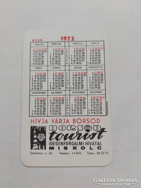 BORSOD Tourist Idegenforgalmi Hivatal MISKOLC kártyanaptár 1972. évi