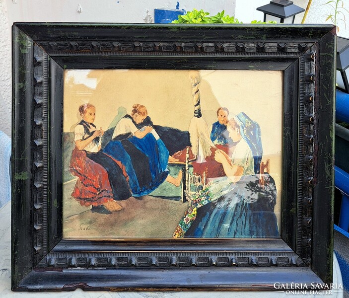 Fonalat készítő népviseletes leányok (régi akvarell) Szabó jelzéssel - falusi fonoda