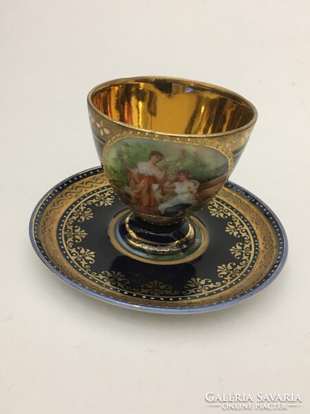 Cseh Altwien Angelika Kauffmann jelenetes kobaltkék porcelán dísz csésze + alj hibátlan állapotban