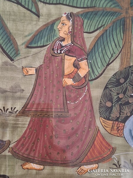 Nagyméretű pávás indiai vászonkép Krisna jelenet 43 x 105.5 cm