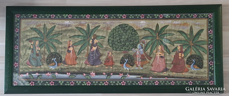 Nagyméretű pávás indiai vászonkép Krisna jelenet 43 x 105.5 cm