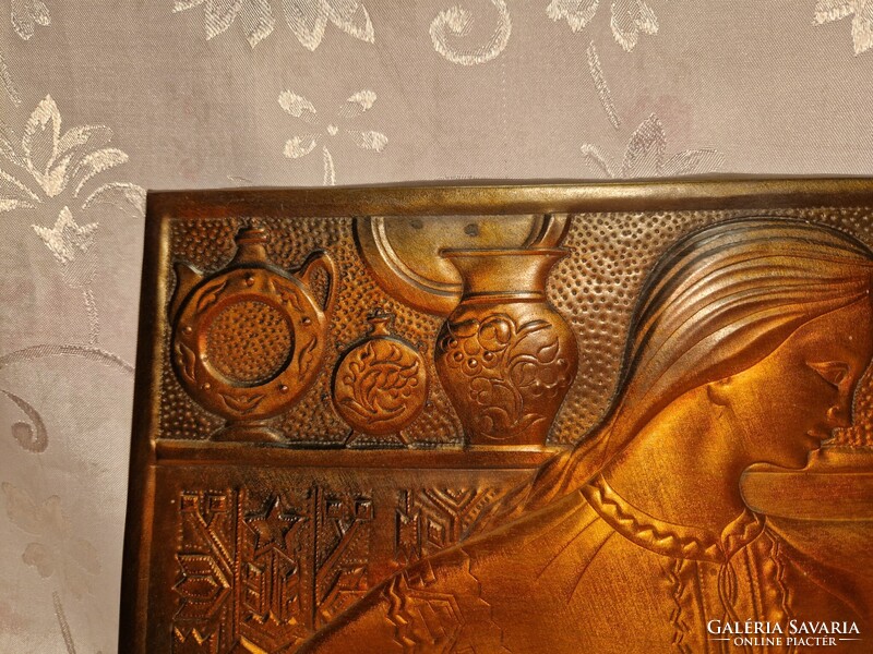 Különleges, régi, fali, domborműves réz/rézötvözetes falikép 44 cm x 21 cm