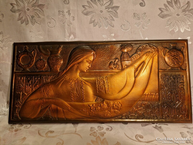 Különleges, régi, fali, domborműves réz/rézötvözetes falikép 44 cm x 21 cm