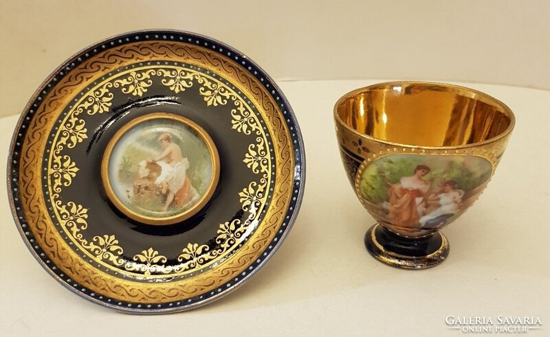 Cseh Altwien Angelika Kauffmann jelenetes kobaltkék porcelán dísz csésze + alj hibátlan állapotban