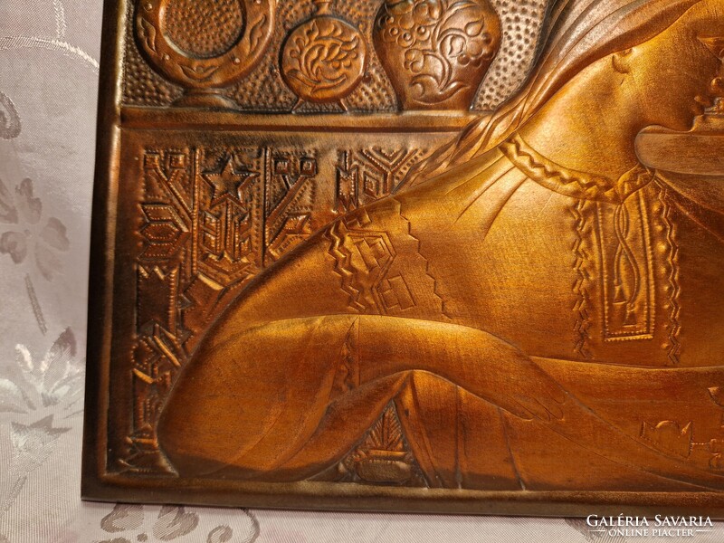 Különleges, régi, fali, domborműves réz/rézötvözetes falikép 44 cm x 21 cm
