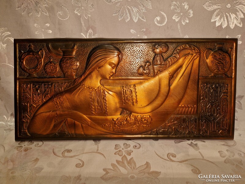Különleges, régi, fali, domborműves réz/rézötvözetes falikép 44 cm x 21 cm