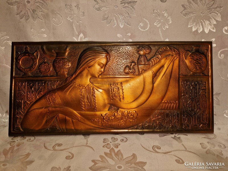 Különleges, régi, fali, domborműves réz/rézötvözetes falikép 44 cm x 21 cm