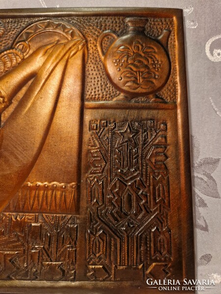 Különleges, régi, fali, domborműves réz/rézötvözetes falikép 44 cm x 21 cm