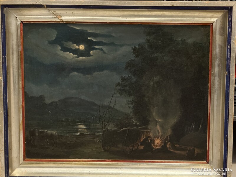 Jankó János: Tábortűz a holdfényben (Eredeti olajfestmény) Zsánerkép