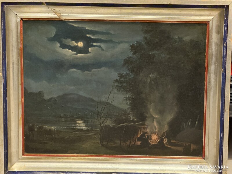 Jankó János: Tábortűz a holdfényben (Eredeti olajfestmény) Zsánerkép