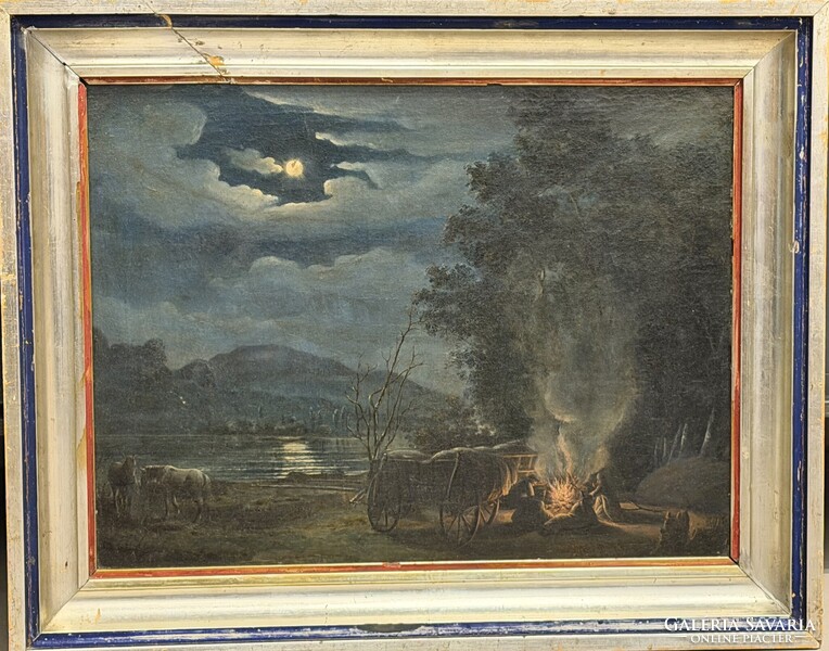 Jankó János: Tábortűz a holdfényben (Eredeti olajfestmény) Zsánerkép