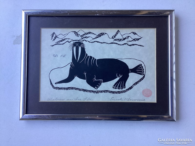Kanadai inuit nyomat - Rozmár a Jégen , Enook Manomie aláírásával és lepecsételésével .
