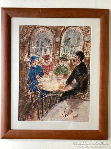 Vagyóczky Kata - Teázóembereket ábrázoló pasztell kép .