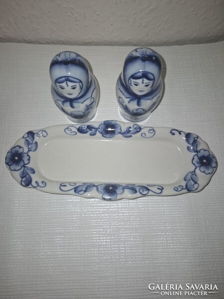 Ritka orosz GZHEL népi kézműves  só/borstartó szett, kék-fehér matrjoska babák szép állapotban eladó