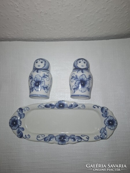 Ritka orosz GZHEL népi kézműves  só/borstartó szett, kék-fehér matrjoska babák szép állapotban eladó