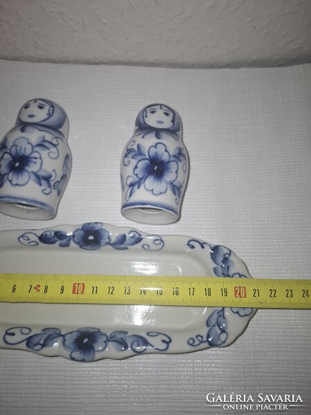 Ritka orosz GZHEL népi kézműves  só/borstartó szett, kék-fehér matrjoska babák szép állapotban eladó
