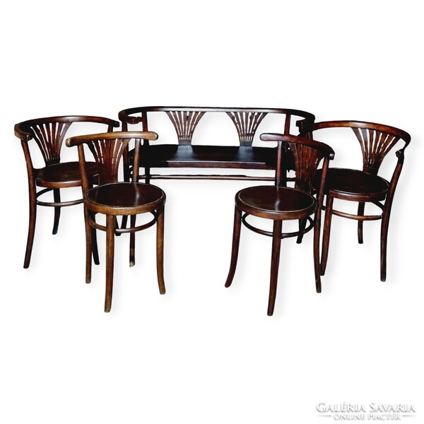 Szecessziós bécsi Thonet ülőgarnitúra, pad + 4db szék