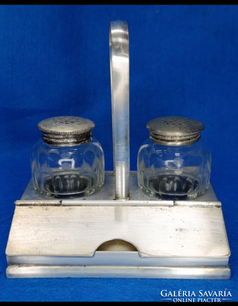 Antik ezüstözött kristály betétes só bors szóró ,fogpiszkáló tartóval 1900 évek eleje