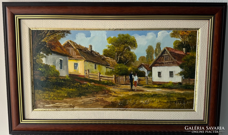 Fekete Zsolt: Délutáni séta - Zsűrizett, keretezett olajfestmény (20x40 cm)