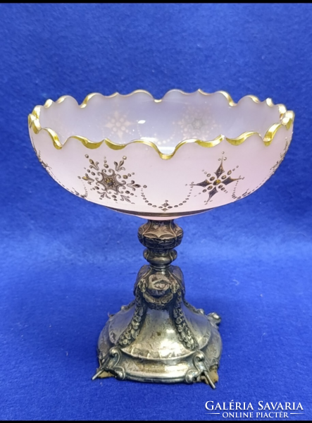 Barokk győri fémjeles ezüst talpú asztalközép aranyozott kézzel festett üvegkristállyal  18 sz