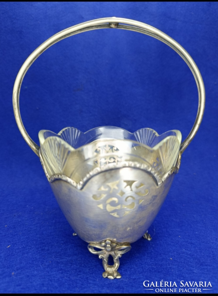 Szecessziós  ,nagy Dianás  800 finomságú ezüst kosár, eredeti üvegbetéttel 222g