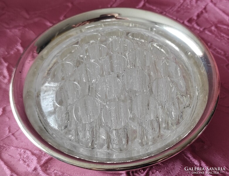 Ezüstözött edényke tálka üvegbetétes tolltartóval különlegesség jelzett asztal dísz