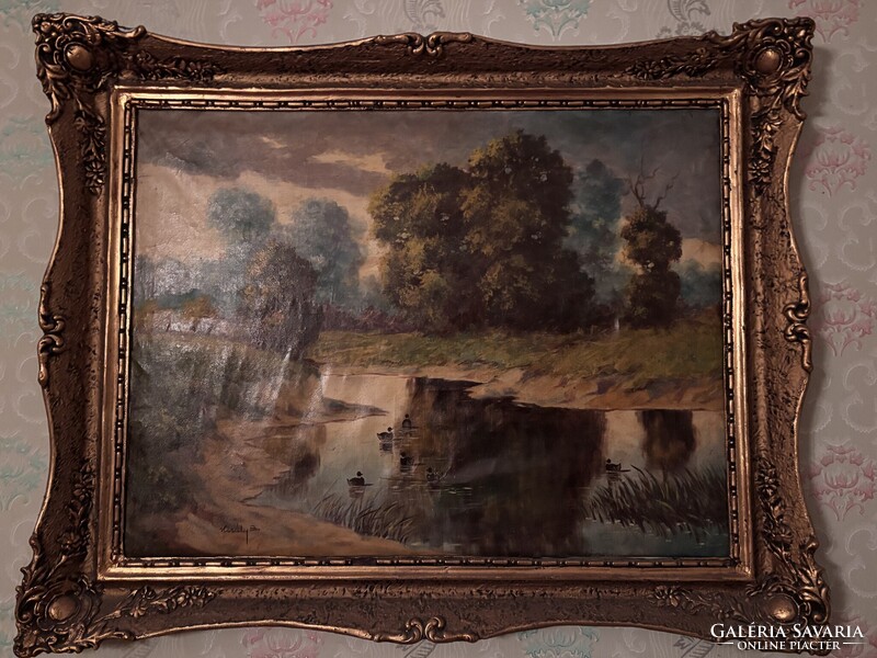 Király B. szignós olaj tájkép 80×62 cm, díszes aranyozott keretben (100×80)