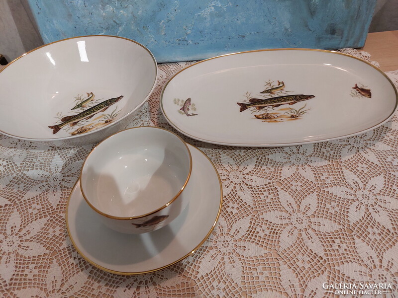 Bavaria, gyönyörű halas porcelán készlet, tányérok, tálak, hal horgászoknak, horgász