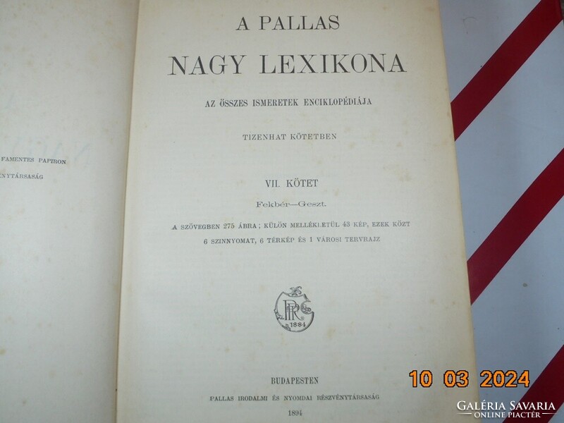 A Pallas Nagy Lexikona - VII. kötet  (Fekbér-Geszt) 1894-es kiadás