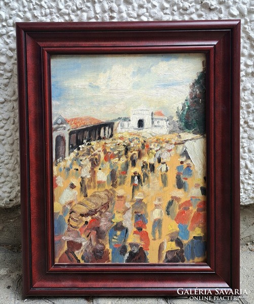 Román György műve? Utcai forgatag, mulatság - sokalakos olajfestmény, keretezett - ünneplő tömeg?