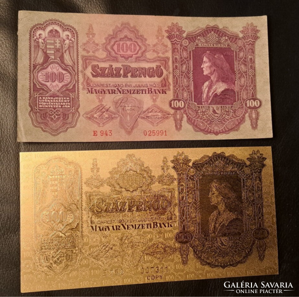 Certifikációval, aranyozott 100 Pengő bankjegy, replika, és a modellje