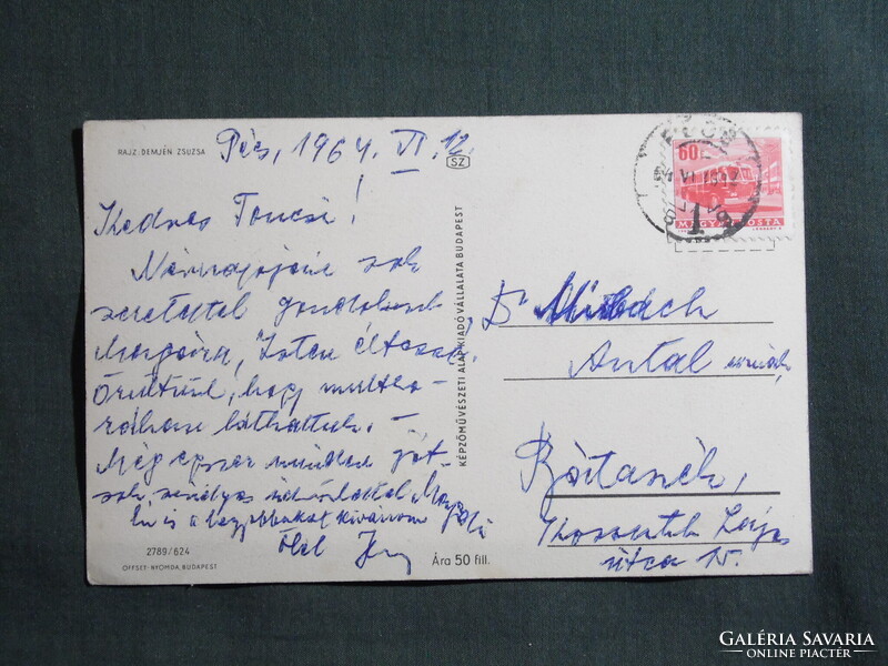 Képeslap,Demjén zsuzsa garafika,Piroska az erdőben,gyerek modell,1962-