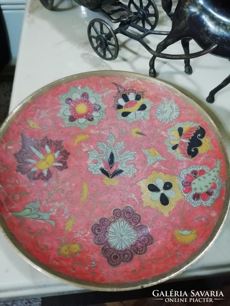 Antik tűz zománc réz Zsolnay virág mintás kínáló 22 cm.Több száz Aukció Akció vegye vigye